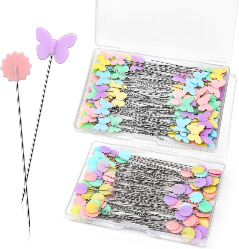 FTEVEN 200PCS Sewing Pins Flat Head Straight Pins Kits, Head Sewing Supplies Quilting Pins, Flower Head Sewing Pins for Fabric with Storage Boxes for Sewing DIY Projects Dressmaker Decoration - Image 1